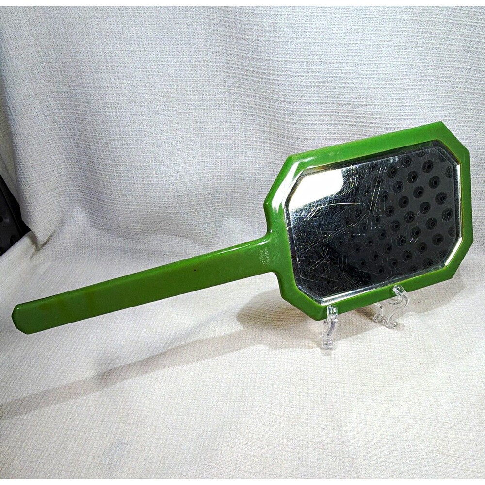 Vintage 1930s DuPont Lucite Art Deco Hand Mirror Jade Green Gold Cameo 13.75"